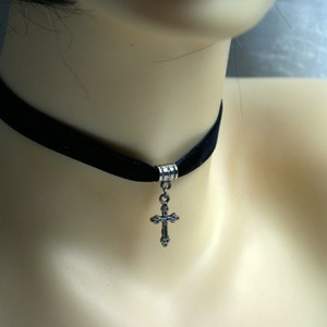 Handcrafted 'Dainty Cross' Choker. Tibetan silver Cross on velvet ribbon Wine, Black, Green, Purple, Brown, White or Ivory ribbon. image 2