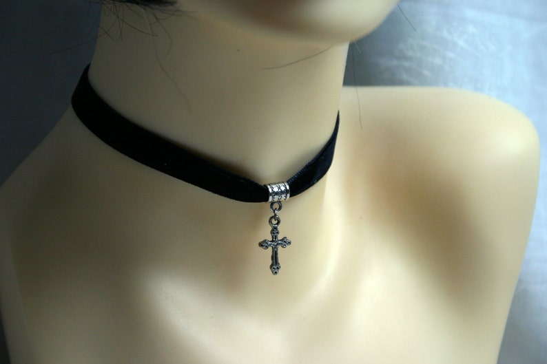 Handcrafted 'Dainty Cross' Choker. Tibetan silver Cross on velvet ribbon Wine, Black, Green, Purple, Brown, White or Ivory ribbon. image 2