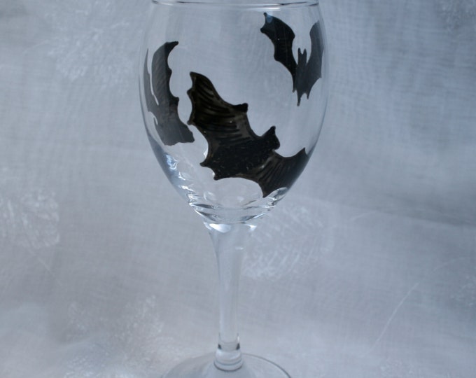 Bat Trio - An exclusive design, hand painted, wine glass featuring three large flying bats encircling the bowl.