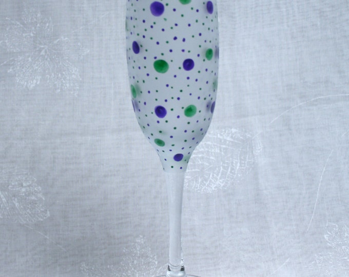 Dotty about You! Purple & Green Exclusive design hand painted champagne glass with purple and green dots and spots encircling an etched bowl