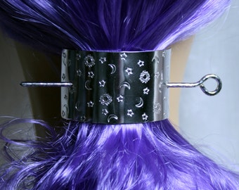 Barrette 'Sun, Moon & Stars' Hand made Pony tail cover, hair clip, slide, hair clasp, hair pin, pony tail grip. Fully UK Hallmarked Silver.