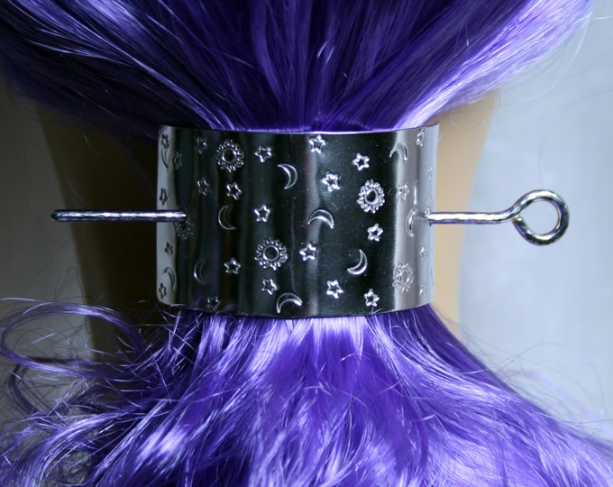Barrette 'Sun, Moon & Stars' Hand made Pony tail cover, hair clip, slide, hair clasp, hair pin, pony tail grip. Fully UK Hallmarked Silver.