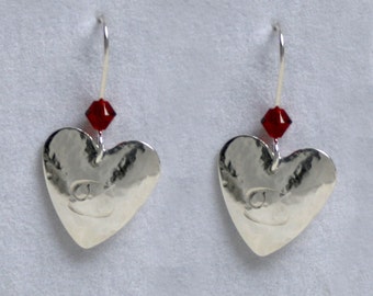 Handmade 'Birthday' earrings. July, Ruby, Birthstone, Birth sign, Zodiac, Cancer. Silver & Swarovski crystal heart earrings