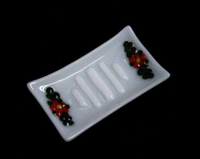 Fused glass soap dish 'Flora in Red' - Unique, hand made, featuring raised red flowers and sparkly green leaves on a white ribbed base.