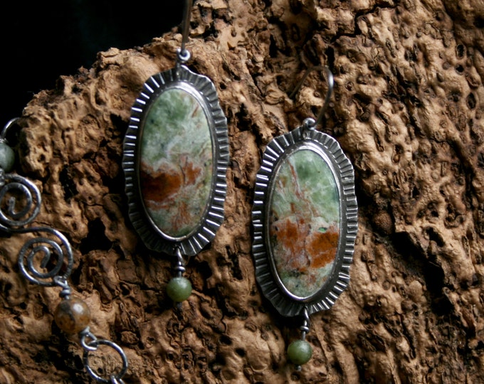 Willow earrings. Soft green & Brown Jasper, Prehenite, Labradorite, Moss Agate, Bronzite, Pyrite, African Jade. Fully UK Hallmarked Silver.