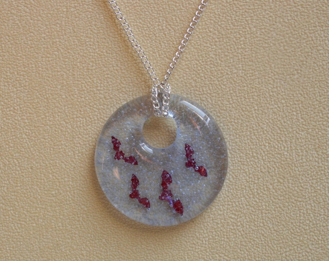 Fused glass 'Bat Moon' pendant. Pure copper bats fused in transparent lilac glass pendant. (choose sterling silver or silver plated chain)