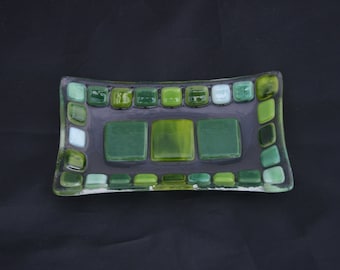 Sunlit Forest (D1), mosaic series, fused glass soap / trinket / sushi dish in a range of greens on a clear base. Bathroom/ Kitchen/ Bedroom