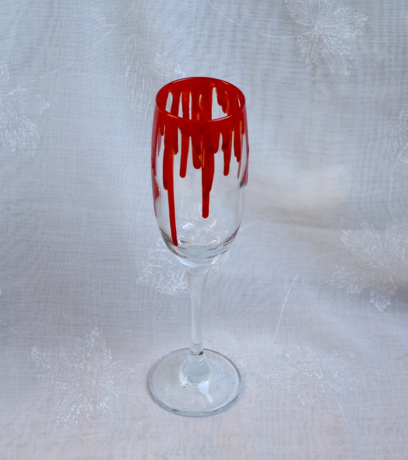 Dripping Blood An exclusive design, hand painted, Champagne glass featuring 'blood' dripping down the sides Horror/ Zombie/ Vampire/ Gore image 2