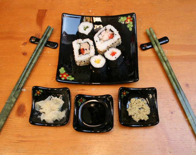 Fused glass Sushi set. 'Flora Black - in Red' 6 piece medium serving set. With raised red flowers and green leaves on a black base