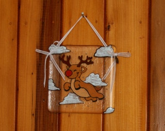 Hand painted, fused glass hanging Christmas/ yule ornament. 'Rudolph' Cute happy flying reindeer 10x10cm / 4x4 inches plus hanging ribbon.