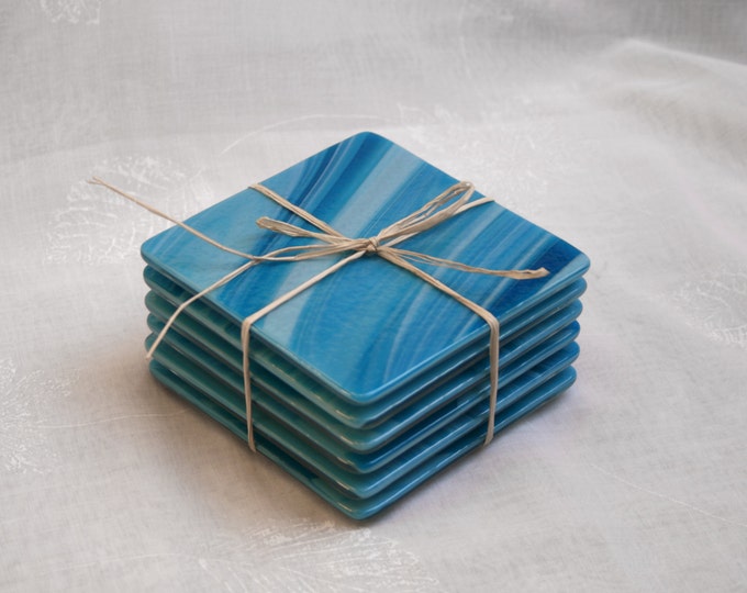Fused glass coasters. 'Caribbean Seas' A set of 6 swirly coasters, made in stunning swirls of blue and turquoise.