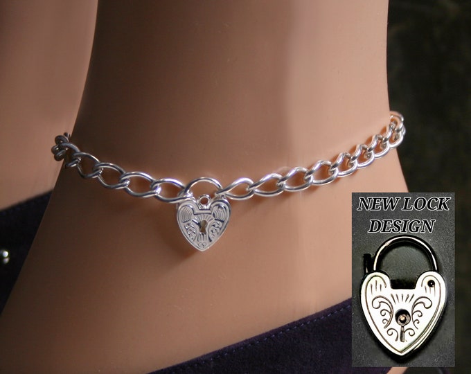 Permanently locking Sterling silver Slave ankle chain BDSM bracelet. Choose plain or Fancy padlock Fully UK Hallmarked heavy sterling silver
