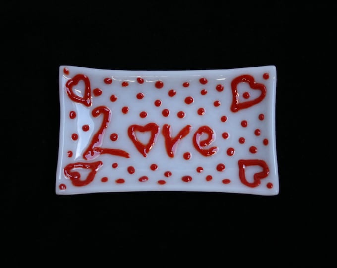 Red and White Fused glass trinket / soap /sushi dish 'LOVE' - Unique, hand made featuring raised red writing, dots & hearts on a white base.