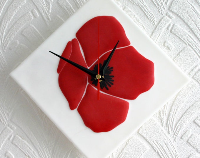 Icelandic Red Poppy - Exclusive fused art glass wall clock. Red Poppy. Remembrance Poppy. Poppy clock. Fused glass poppy.