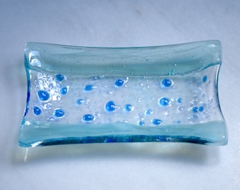 The River - A hand made fused glass soap / trinket / small sushi dish in a range of blues set on a clear base. Bathroom / Kitchen / Bedroom