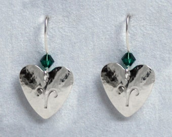 Handmade 'Birthday' earrings. May, Emerald, Birthstone, Birth sign, Zodiac, Aries. Sterling silver & Swarovski crystal heart earrings
