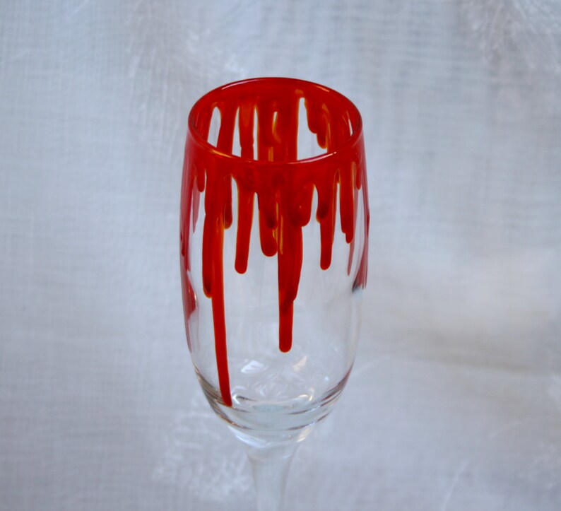 Dripping Blood An exclusive design, hand painted, Champagne glass featuring 'blood' dripping down the sides Horror/ Zombie/ Vampire/ Gore image 4