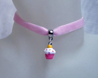 Handcrafted 'Candied Cupcake' choker. Enameled cupcake on a choice of Pink, Wine, Black, Green, Purple, Brown, White or Ivory velvet ribbon
