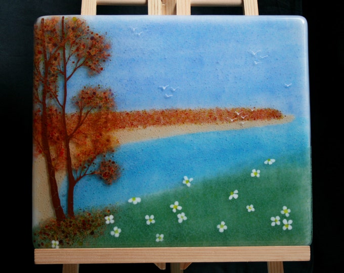 Autumn by the Sea - Hand painted Kiln Fused art glass 3D painting. Glass art / panel. One of a kind painted glass panel. Seascape Landscape.