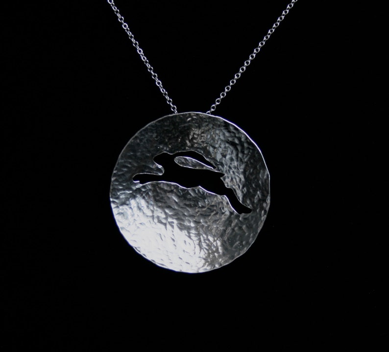 Traditionally handmade 'Leaping Hare' Pendant. A leaping hare sails across a concave full moon. Fully UK Hallmarked Sterling Silver image 1