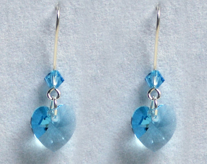 Handmade 'Birthday' earrings. March, Aquamarine, Birthstone, Birth sign, Zodiac, Pisces. Silver & Swarovski crystal heart earrings