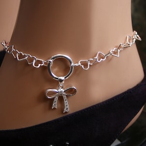 CZ Bow Slave Ankle Chain Bracelet. BDSM Anklet. Sterling silver. Sparkly Baby girl bow. DD/lg bow. Zircon bow. Eternity O ring. Heart links. image 1