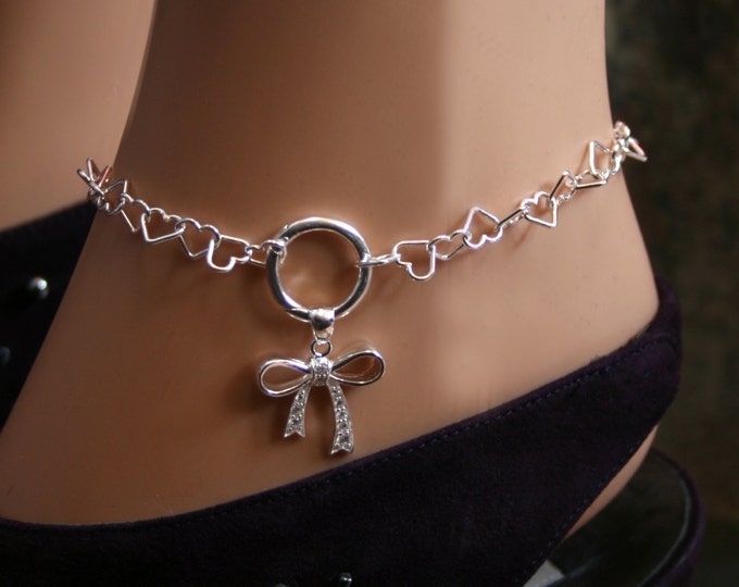 Permanently locking CZ Bow Slave Ankle Chain Bracelet. BDSM Anklet. Sterling silver. Baby girl bow. DD/lg bow. Eternity O ring. Heart links.