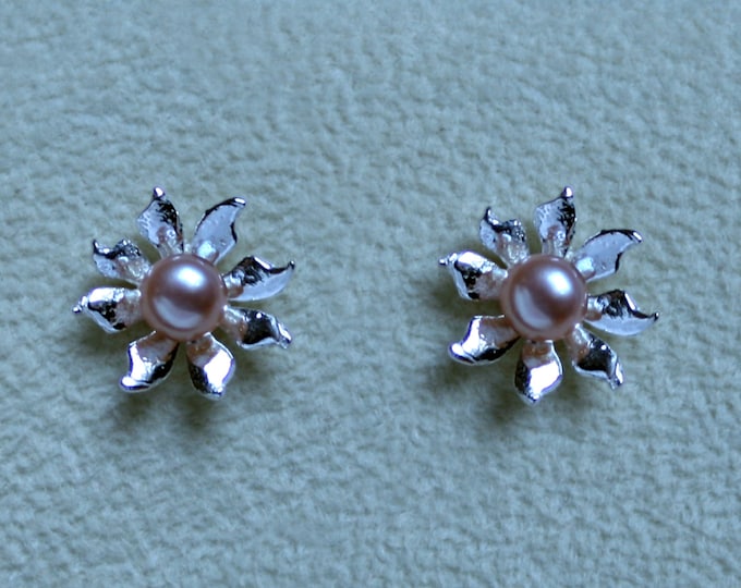 Handmade 'Ma Petite Fleur' earrings. Traditionally hand made sterling silver flower stud earrings with pink pearls, for pierced ears