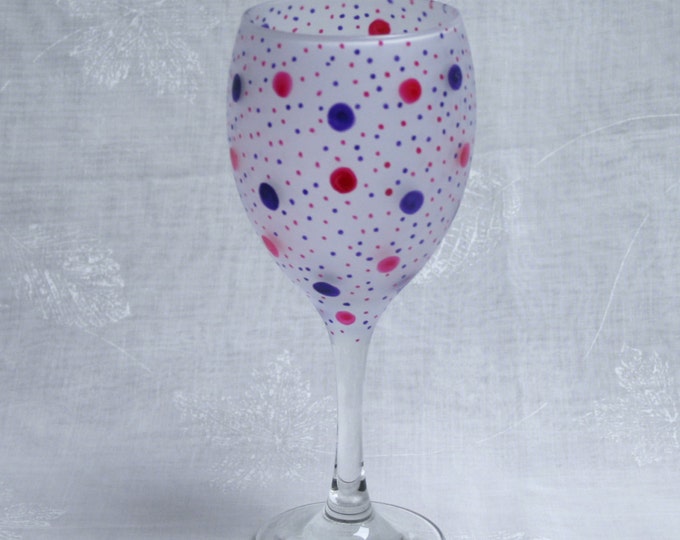 Dotty about You!  Pink & Purple. Exclusive design, hand painted, wine glass with pink and purple dots and spots encircling an etched bowl