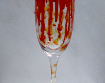 Zombie Attack! - An exclusive design, hand painted, Champagne glass with dripping blood & zombie fingerprints! Horror/ Zombie/ Vampire/ Gore