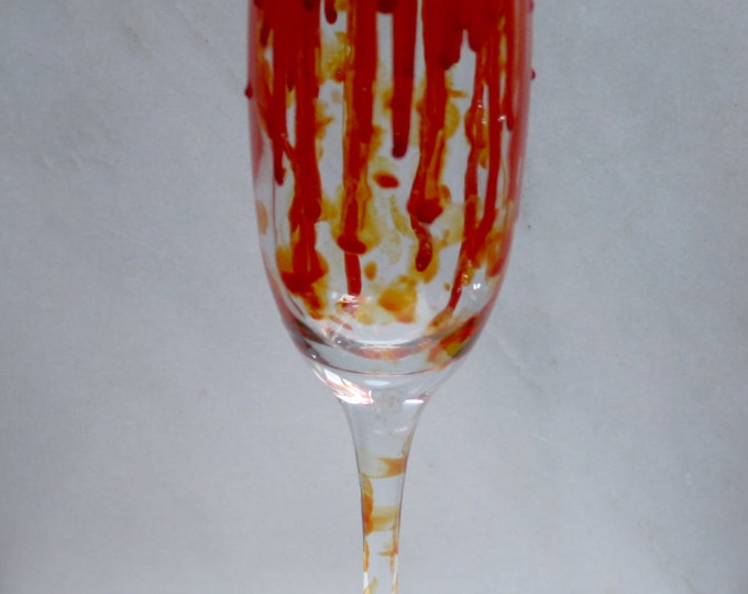 Zombie Attack! - An exclusive design, hand painted, Champagne glass with dripping blood & zombie fingerprints! Horror/ Zombie/ Vampire/ Gore