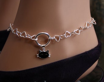 Sir's Kitten. Black Cat Slave Ankle Chain Bracelet. BDSM Anklet. Sterling silver. Heart links. Infinity ring. Captive ring. Eternity ring.