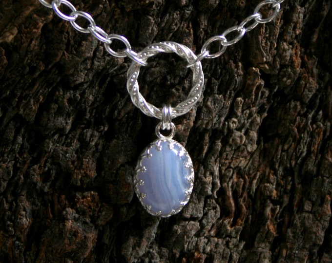 Discrete, Fancy O Ring Day Collar / Slave Necklace. Principessa blue lace agate dropper. Sterling silver Story of 'O' collar/choker/necklace