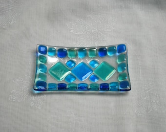 Summer Seas (D5), mosaic series, fused glass soap / trinket / sushi / chocolates dish in a range of blues. Bathroom / Kitchen / Bedroom