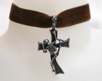 Handcrafted 'Skeleton Cross' Choker. Pewter Cross with skeleton set on a Wine, Black, Green, Purple, Brown, White or Ivory velvet ribbon.