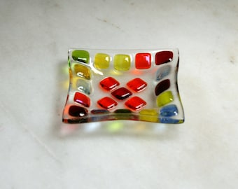 Bejewelled (D1), mosaic series, fused glass ring dish / earring dish in a range of vibrant hues. Red/Yellow/Orange/Green/Blue.
