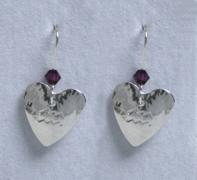 Handmade 'Birthday' earrings. February, Amethyst Birthstone, Birth sign, Zodiac, Aquarius Sterling silver & Swarovski crystal heart earrings image 1