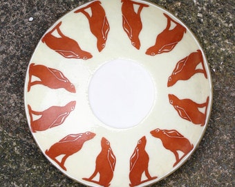 Celebration of Spring - A large, Exclusive, fused glass bowl featuring a dozen hares gazing at a central moon. Moon gazing hare altar bowl.
