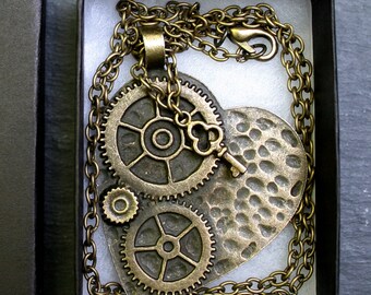 Handcrafted 'Heart of Steam' Steampunk collection - Earrings/ Pendant/ Charms. Bronze tone Steampunk Heart and keys - with or without boxes.