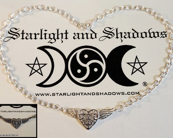 The wings of Love - Caged Heart; Permanently locking, Discrete, Sterling silver Day Collar / Slave Necklace {D1} - Winged Heart