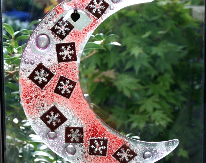 Fused glass hanging ornament 'Christmas Snow' Copper snowflakes encased in a fused glass 'bubble' moon 19 cm / 7.5" Dia. plus hanging ribbon