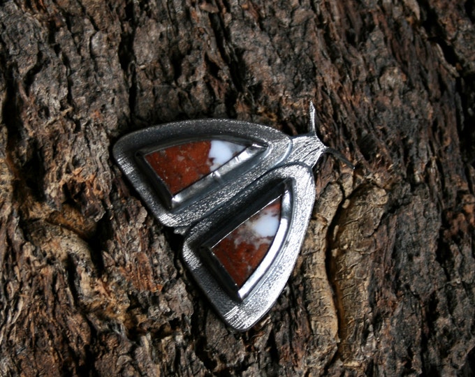 Handmade Moth brooch. Agate and Sterling Silver. Fully UK hallmarked. One of a kind. Three dimensional, Orange-brown and white agate wings.