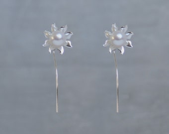 Handmade 'Ma Petite Fleur' earrings. Traditionally hand made sterling silver flower earrings with bridal white pearls, stud style with stem