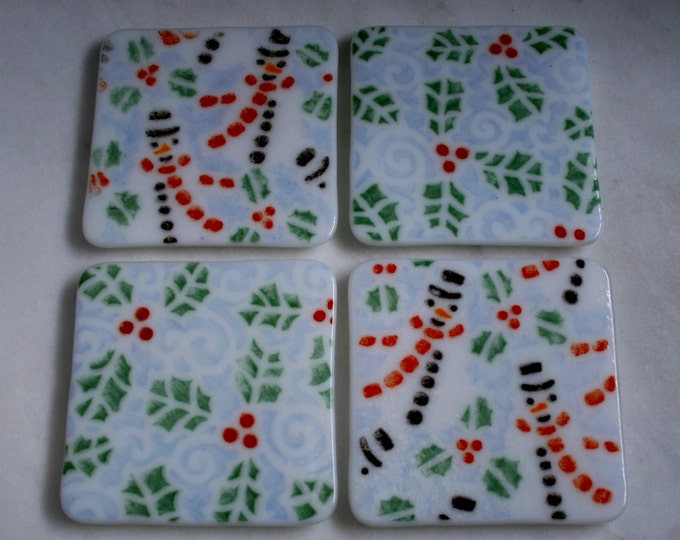 Fused glass. 'Holly Berry'  & 'Snowman Holly' Choose design. Festive coasters. Winter holiday coasters. Christmas coasters. Choose 2 or 4