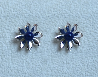 Handmade 'Ma Petite Fleur' earrings. Traditionally hand made sterling silver gemstone flower stud earrings with Blue Agate, for pierced ears