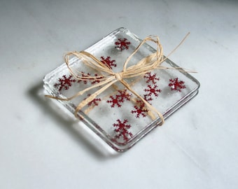 Fused glass winter coasters 'Copper Snow' - Clear coasters with real copper snowflakes. Choose 2 or 4. Christmas coasters. Festive coasters.