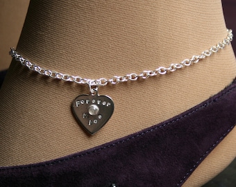 Lil Heart ~ Personalized PERMANENTLY LOCKING Slave Ankle Chain Bracelet. BDSM Anklet. Sterling silver & choose Gemstone. Little heart anklet