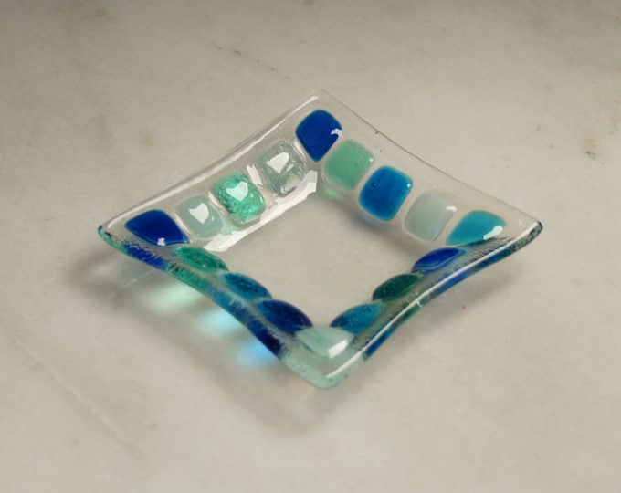 Summer Seas (D8), mosaic series, fused glass ring dish / earring dish in a range of blues. Bathroom / Kitchen / Bedroom