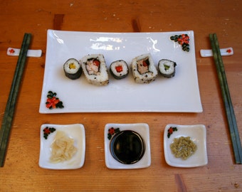 Fused glass Sushi set 'Flora in Orange' 6 or 8 piece large serving set (2 or 4 person set) With orange flowers & green leaves set on white.
