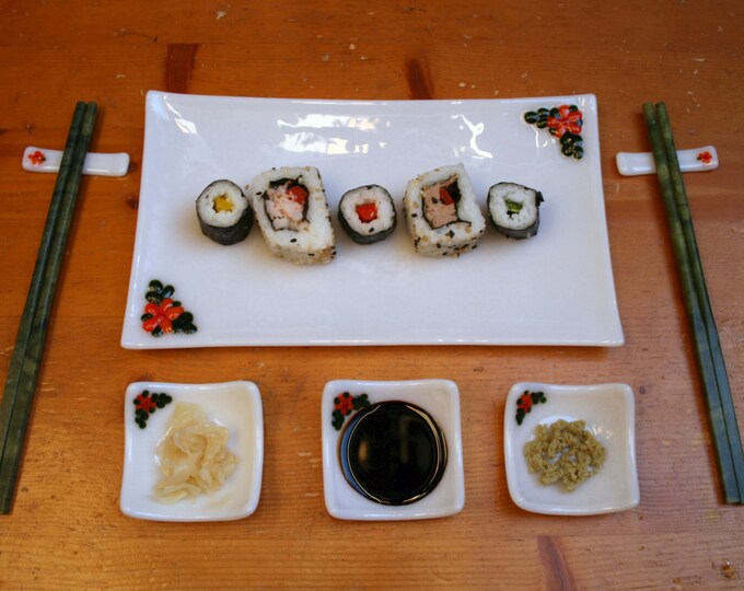 Fused glass Sushi set 'Flora in Orange' 6 or 8 piece large serving set (2 or 4 person set) With orange flowers & green leaves set on white.